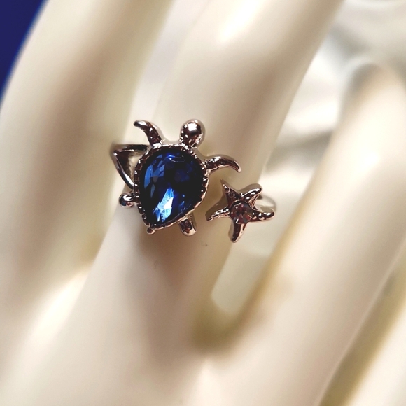 Sea Turtle 🐢 Ring w Shell Sz.8 Blue& Silver - Picture 3 of 5